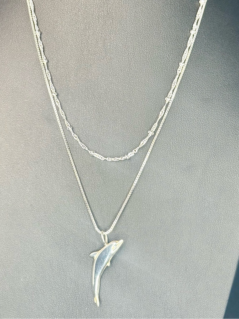 925 Sterling Silver Dolphin Pendant Necklace Layered Chain Set